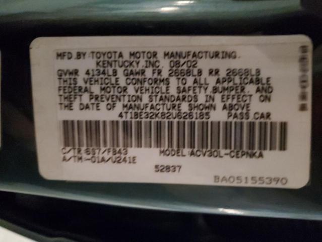 4T1BE32K82U626185 - 2002 TOYOTA CAMRY LE GREEN photo 12