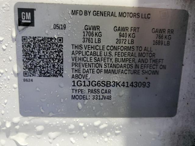 1G1JG6SB3K4143093 - 2019 CHEVROLET SONIC WHITE photo 12