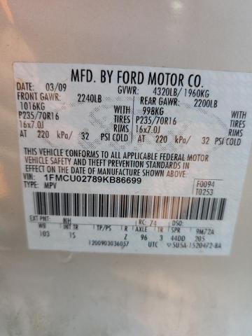 1FMCU02789KB86699 - 2009 FORD ESCAPE XLS BEIGE photo 13