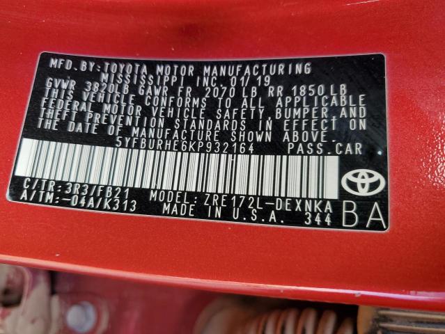 5YFBURHE6KP932164 - 2019 TOYOTA COROLLA L 红色 照片 12