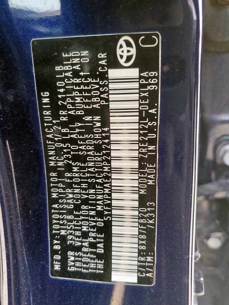 5YFVPMAE2MP212414 - 2021 TOYOTA COROLLA LE ლურჯი ფოტო 12