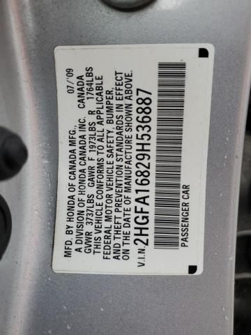 2HGFA16829H536887 - 2009 HONDA CIVIC EX SILVER photo 12