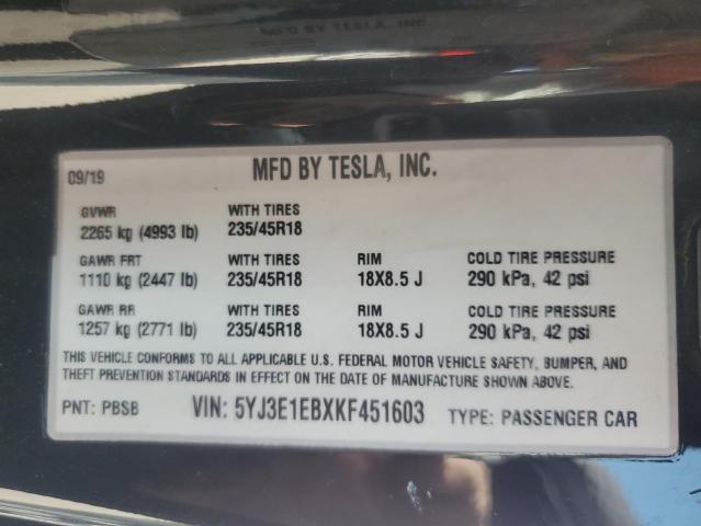 5YJ3E1EBXKF451603 - 2019 TESLA MODEL 3 Қара фото 12