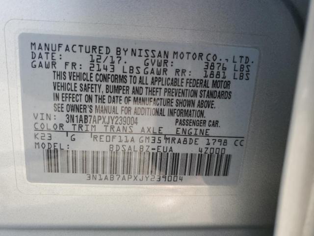 3N1AB7APXJY239004 - 2018 NISSAN SENTRA S ვერცხლისფერი ფოტო 13