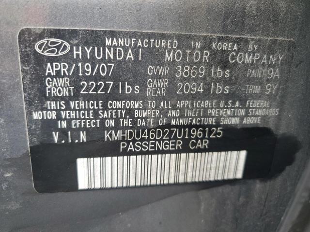 KMHDU46D27U196125 - 2007 HYUNDAI ELANTRA GLS GRAY photo 12