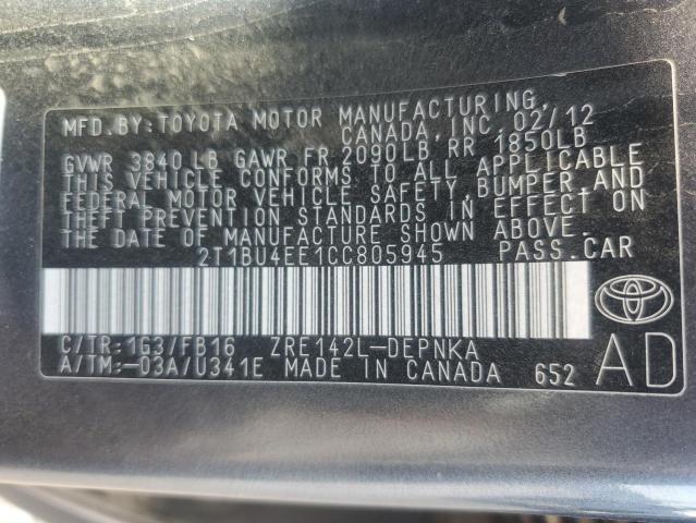 2T1BU4EE1CC805945 - 2012 TOYOTA COROLLA BASE GRAY photo 13