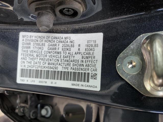 2HGFC2F63KH584290 - 2019 HONDA CIVIC LX Көк фото 13