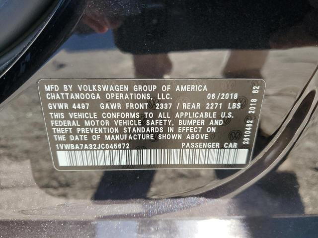 1VWBA7A32JC045672 - 2018 VOLKSWAGEN PASSAT SE შავი ფოტო 12