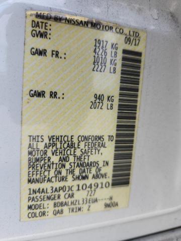 1N4AL3AP0JC104910 - 2018 NISSAN ALTIMA 2.5 Սպիտակ լուսանկար 12