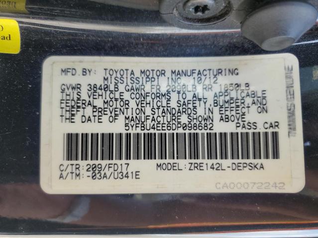 5YFBU4EE6DP098682 - 2013 TOYOTA COROLLA BASE أسود صورة 12