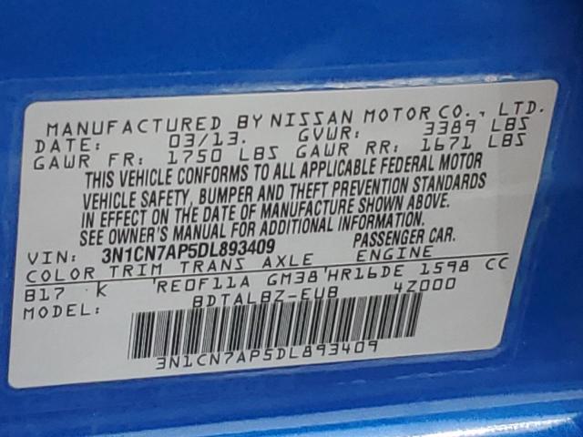 3N1CN7AP5DL893409 - 2013 NISSAN VERSA S 蓝色 照片 12