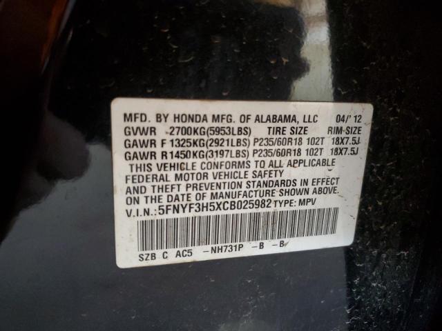 5FNYF3H5XCB025982 - 2012 HONDA PILOT EXL BLACK photo 13