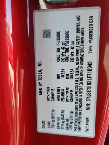 5YJ3E1EB2LF710943 - 2020 TESLA MODEL 3 RED photo 12