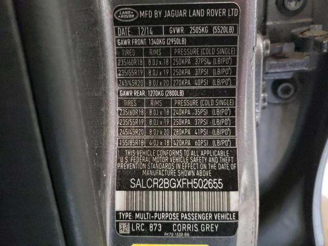 SALCR2BGXFH502655 - 2015 LAND ROVER DISCOVERY HSE GRAY photo 12