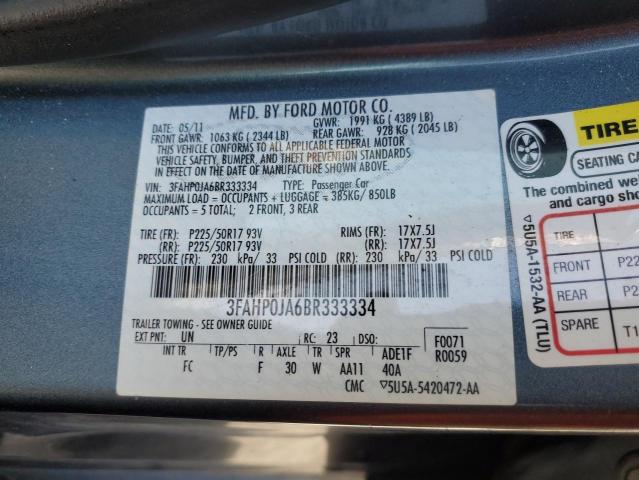 3FAHP0JA6BR333334 - 2011 FORD FUSION SEL GRAY photo 12