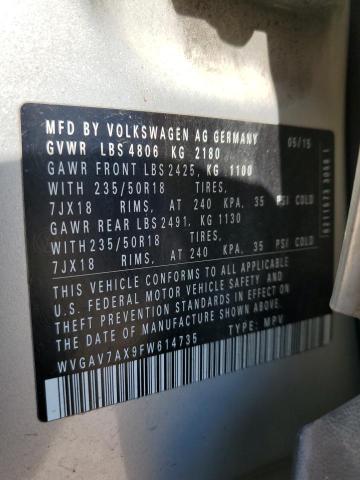 WVGAV7AX9FW614735 - 2015 VOLKSWAGEN TIGUAN S 灰色 照片 13