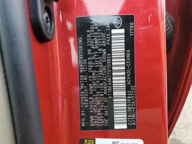 4T1BE46K77U109824 - 2007 TOYOTA CAMRY CE RED photo 12