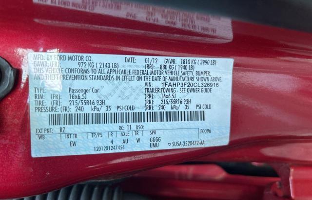 1FAHP3F20CL326916 - 2012 FORD FOCUS SE RED photo 10