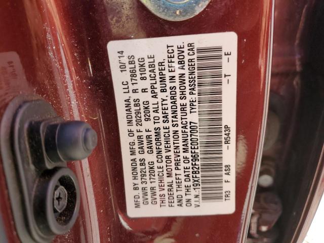 19XFB2F96FE007007 - 2015 HONDA CIVIC EXL 勃艮第红 照片 12