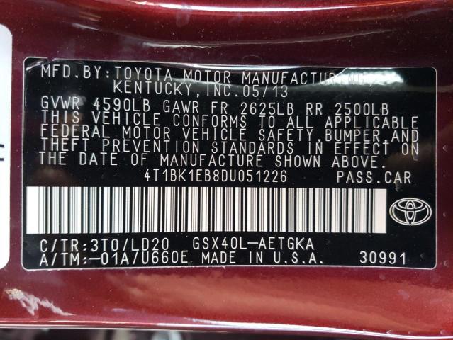 4T1BK1EB8DU051226 - 2013 TOYOTA AVALON BASE 栗色 照片 12