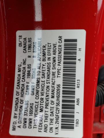 2HGFC2F56JH600956 - 2018 HONDA CIVIC LX RED photo 12