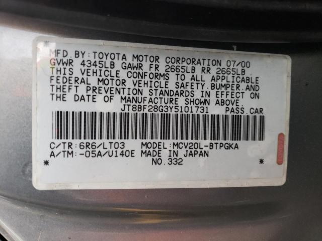 JT8BF28G3Y5101731 - 2000 LEXUS ES 300 GRAY photo 12