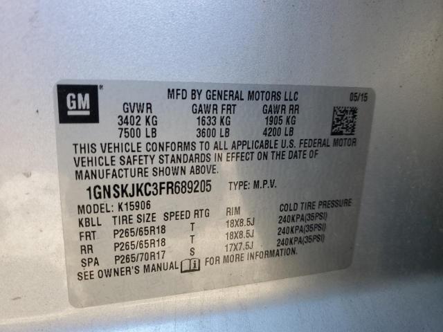 1GNSKJKC3FR689205 - 2015 CHEVROLET SUBURBAN K1500 LT SILVER photo 13