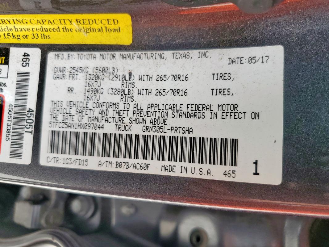 5TFCZ5AN1HX097044 - 2017 TOYOTA TACOMA DOUBLE CAB 石墨色 照片 12