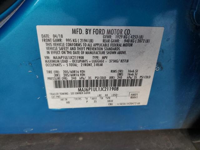 MAJ6P1UL1JC211908 - 2018 FORD ECOSPORT SE BLUE photo 13