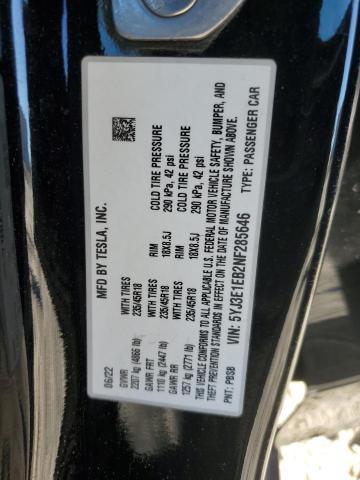 5YJ3E1EB2NF285646 - 2022 TESLA MODEL 3 Чорний фото 12