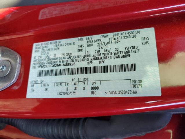 1FMCU9G63MUA89928 - 2021 FORD ESCAPE SE RED photo 12