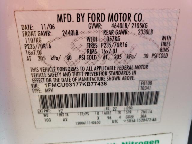 1FMCU93177KB77438 - 2007 FORD ESCAPE XLT WHITE photo 13