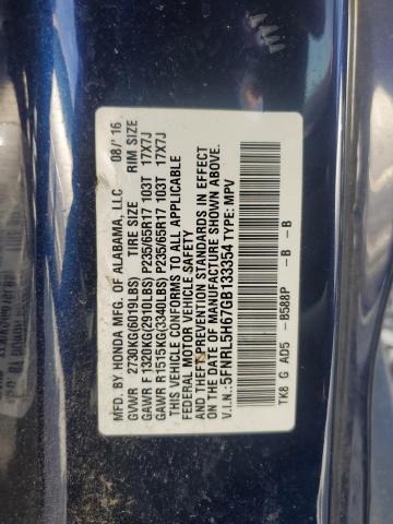 5FNRL5H67GB133354 - 2016 HONDA ODYSSEY EXL BLUE photo 14