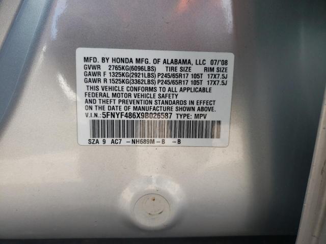 5FNYF486X9B026587 - 2009 HONDA PILOT EXL SILVER photo 13