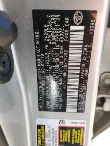 4T1B11HK8KU212282 - 2019 TOYOTA CAMRY L SILVER photo 12