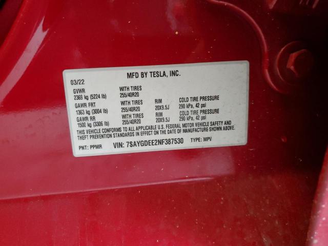 7SAYGDEE2NF387530 - 2022 TESLA MODEL Y წითელი ფოტო 12