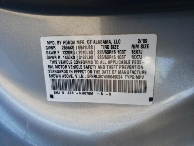 5FNRL38749B049024 - 2009 HONDA ODYSSEY EXL SILVER photo 13