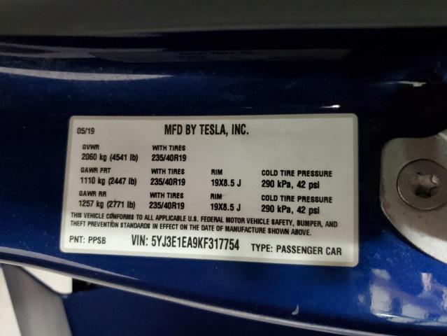 5YJ3E1EA9KF317754 - 2019 TESLA MODEL 3 ლურჯი ფოტო 12
