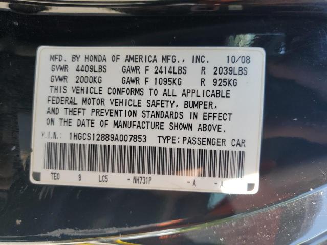 1HGCS12889A007853 - 2009 HONDA ACCORD EXL შავი ფოტო 12