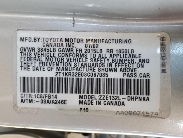 2T1KR32E03C067085 - 2003 TOYOTA COROLLA MA XR SILVER photo 12