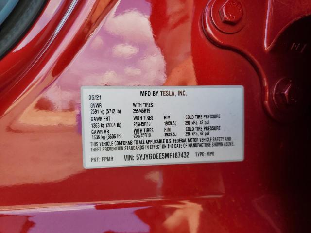 5YJYGDEE5MF187432 - 2021 TESLA MODEL Y أحمر صورة 13