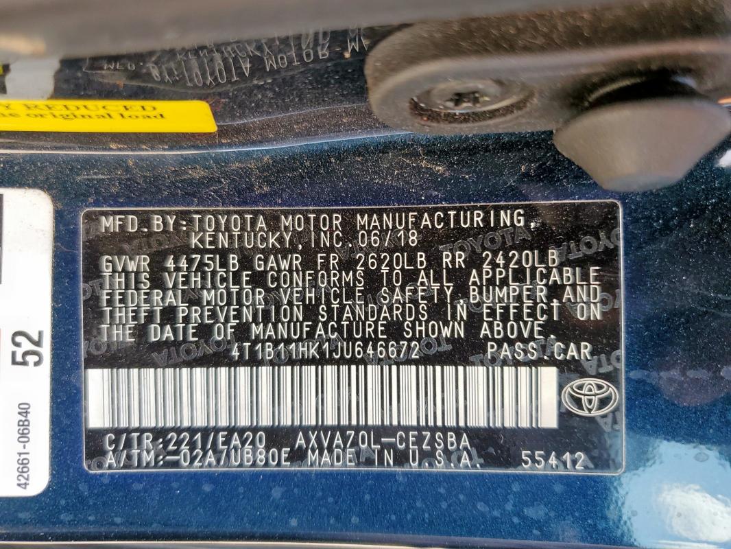 4T1B11HK1JU646672 - 2018 TOYOTA CAMRY L BLUE photo 12