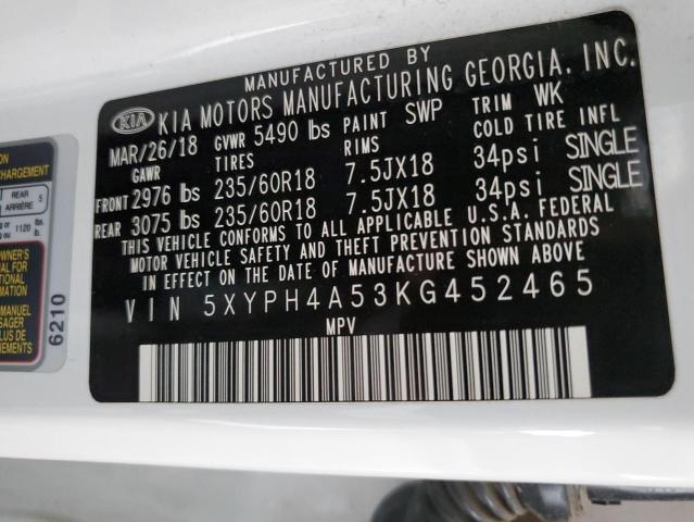 5XYPH4A53KG452465 - 2019 KIA SORENTO EX 白色 照片 12