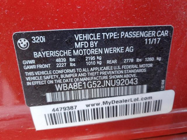 WBA8E1G52JNU92043 - 2018 BMW 320 I RED photo 12