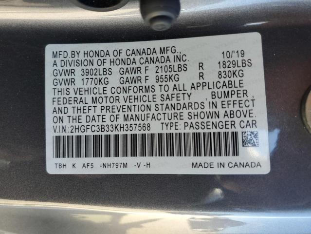 2HGFC3B33KH357568 - 2019 HONDA CIVIC EX GRAY photo 13