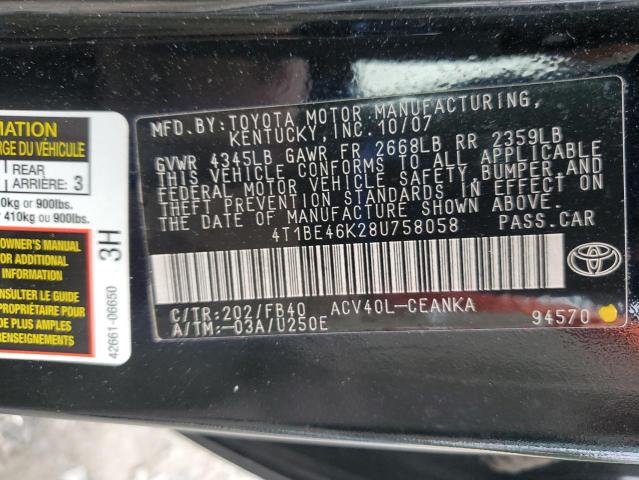 4T1BE46K28U758058 - 2008 TOYOTA CAMRY CE 黑色 照片 12