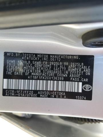 4T1BF1FK2CU136399 - 2012 TOYOTA CAMRY BASE Արծաթագույն լուսանկար 12