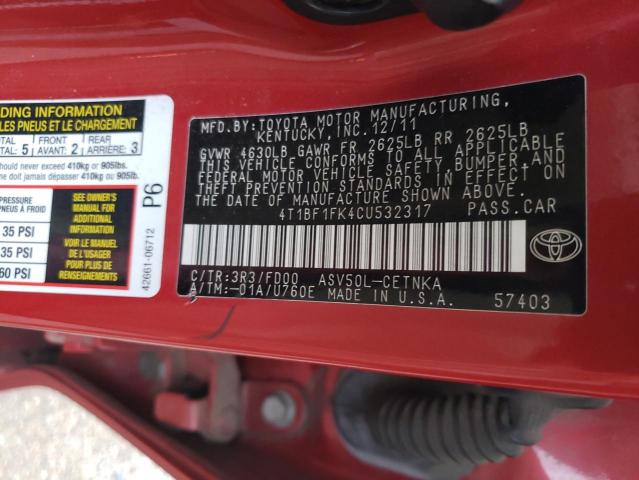 4T1BF1FK4CU532317 - 2012 TOYOTA CAMRY BASE RED photo 12