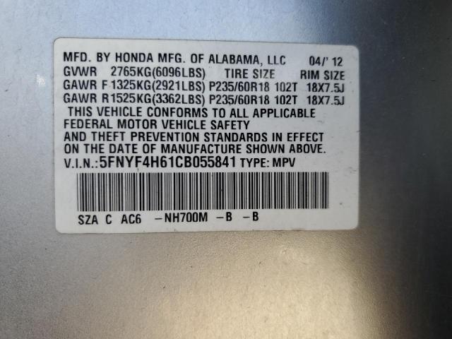 5FNYF4H61CB055841 - 2012 HONDA PILOT EXL SILVER photo 13