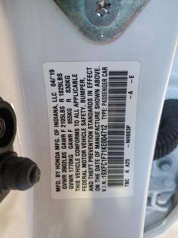 19XFC1F71KE004712 - 2019 HONDA CIVIC EXL WHITE photo 13